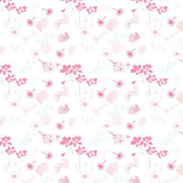 pattern con fiori rosa misti e rami con foglie verdi