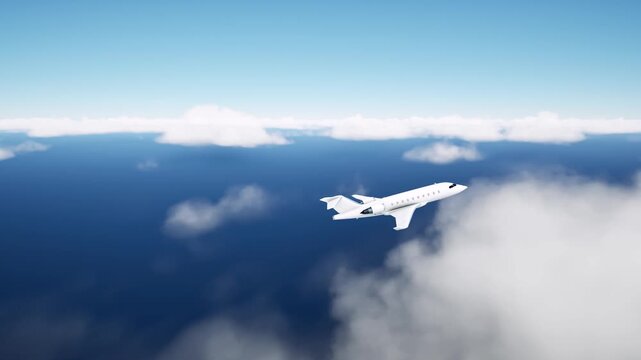A private jet flies above the clouds during a charter flight, a cinematic aerial view, a concept for luxury air travel, tourism, and travel. 3D animation.