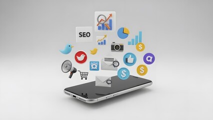 A smartphone with various social media icons and symbols emerging from its screen