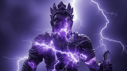 Armored king struck by crackling purple lightning in storm.