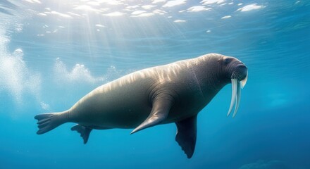 Fototapeta premium Walrus Swimming Underwater in Arctic Ocean.