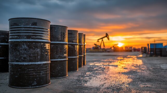 Black metal oil barrels lined up in industrial landscape at sunset with a pump jack silhouette in the background creating a vivid atmospheric scene - Powered by Adobe