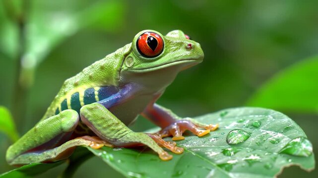 Green tree frog perched on a vibrant leaf in lush jungle habitat