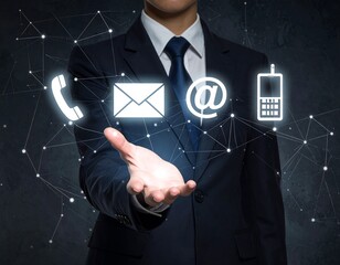 A businessman presenting various digital communication icons, symbolizing global connectivity and customer service.