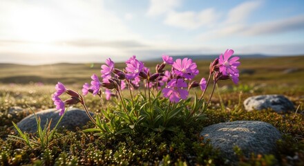 Vibrant Purple Flowers Blooming in a Serene Landscape.