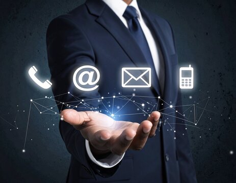 A businessman in a suit presents digital communication icons floating above his open hand, symbolizing modern connectivity and customer service. - Powered by Adobe