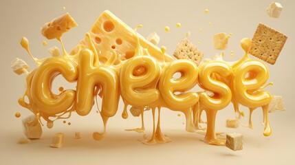 Glossy 3D cheese scene with bold yellow typography in a playful illustration