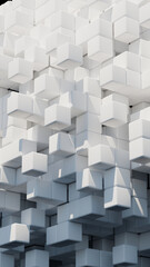 3D render of abstract white cubes forming a flowing wave pattern with soft lighting for modern design projects, 3d rendering