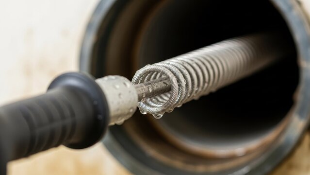 Professional drain auger extending into a dark pipe clearing blockage with water droplets