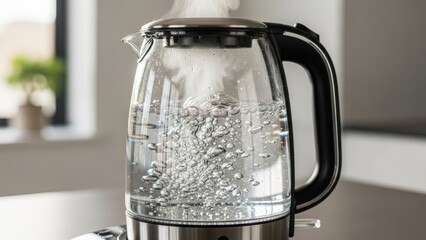 Modern transparent electric kettle actively boiling water with visible steam and effervescent
