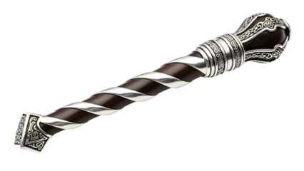 Ornate silver and dark brown twisted handle with decorative metalwork isolated on a transparent background