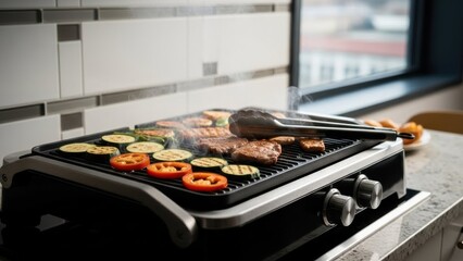 Sizzling indoor electric grill cooking delicious healthy meal with meat and fresh vegetables in a