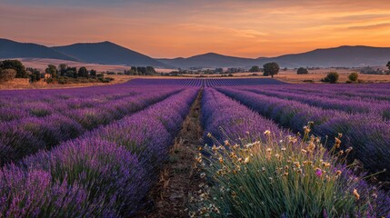 Fototapeta premium Golden hour landscape of blooming lavender with calm countryside horizon