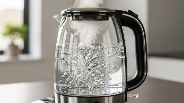 Modern transparent electric kettle actively boiling water with visible steam and effervescent