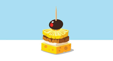 Pixel art illustration of a delicious canape with a toothpick, featuring stacked layers of cheese, meat, pineapple, and a black olive on top.