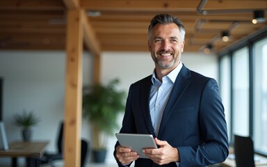 portrait of professional businessman standing in office. Happy middle aged businessman ceo wearing suit standing in office using digital tablet. High quality. High quality
