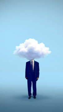 Abstract artwork of businessman standing with cloud replacing head. Concept of mental fog, stress overload, lack of clarity, emotional burnout, workplace anxiety and mental health awareness.