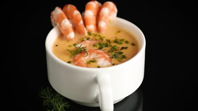 Creamy shrimp soup served in white cup with fresh herb garnish