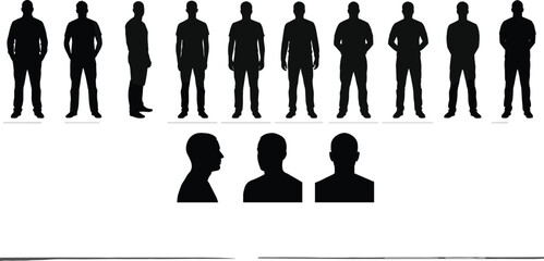 Male silhouette set, standing poses and head profiles, posture comparison, black design, human figure illustration