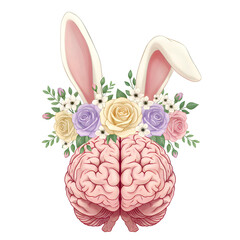 Obraz premium Whimsical Anatomical Brain Vector with Fluffy Bunny Ears and Colorful Rose Floral Crown for Easter Neuroscience Spring Art Illustration