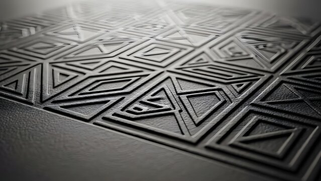 Close-up of a dark surface with an intricate embossed geometric pattern of interconnected lines and angular shapes, creating a textured, three-dimensional design.