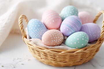 Hand-painted pastel Easter eggs in a rustic basket with soft pastel colors
