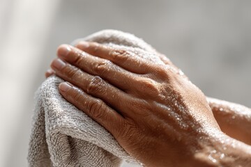 Fototapeta premium Hands drying with a plush towel in a clean, sunlit washroom