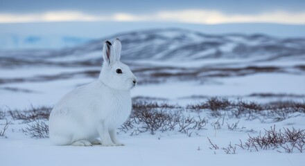 Obraz premium Arctic Hare in Snowy Tundra Landscape.