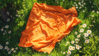Top View Orange Picnic Blanket on Grass
