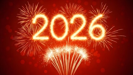 Bright orange fireworks light up the year 2026 in glowing numbers, New Year's Eve