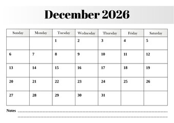 December 2026 monthly calendar vector design with a spacious grid, clear weekday headers, and a clean notes section.ai