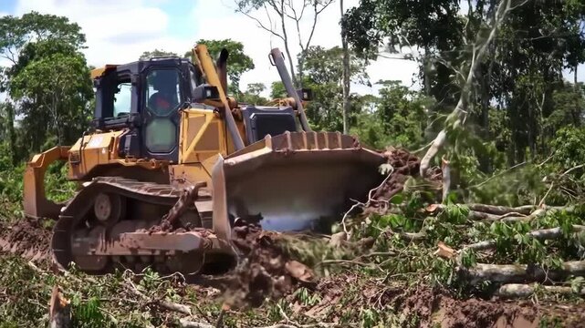 Bulldozer clearing brush in an overgrown forest landscape.