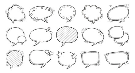 Set of fifteen hand-drawn speech and thought bubbles in a black and white sketch style, with various textures like hatching and stippling.