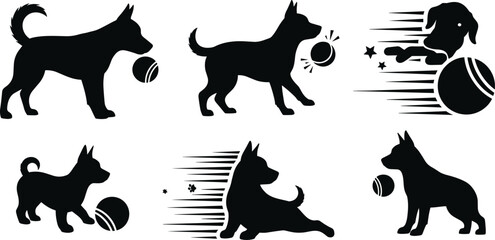 Dog playing with ball silhouettes sequence, playful pet action and fetch training concept illustration, canine motion, energy, fun, obedience, activity and dynamic behavior artwork