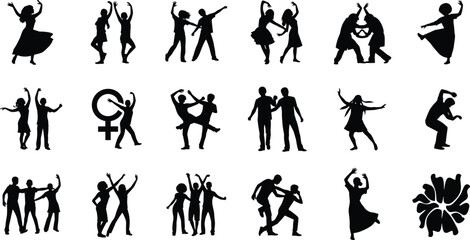 Dancing people silhouettes collection, joyful movement and celebration concept illustration, freedom, rhythm, music, social connection, party energy, expressive poses and cultural dance artwork