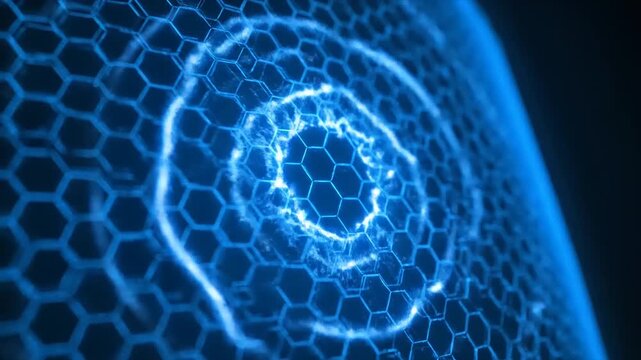 Abstract blue hexagonal grid with glowing concentric rings, representing a digital network or energy field