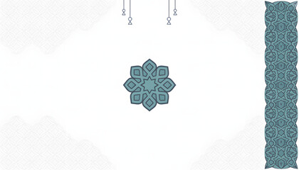 Ramadan Kareem background with geometric islamic mandala logo, turquoise ornament, clean minimalist vertical design