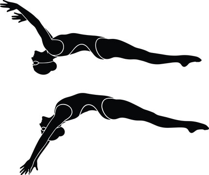 Black silhouette swimmers in synchronized horizontal dive pose with swim caps and goggles, perfect for sports, fitness, and aquatic themes.