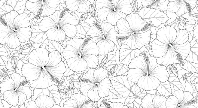 Seamless black and white pattern featuring detailed, hand-drawn hibiscus flowers and leaves, creating a dense and elegant tropical floral background.