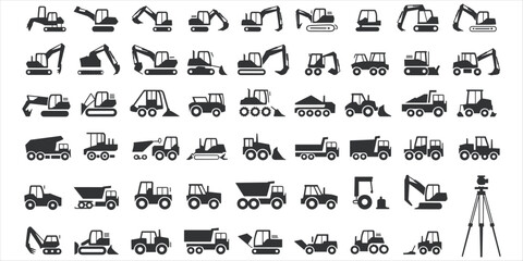 Collection of construction and heavy machinery vehicle icons silhouette © rayhan039