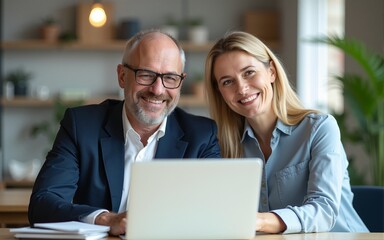 Two middle age business workers smiling happy and confident. Working together with smile on face using laptop at the office. High quality. High quality