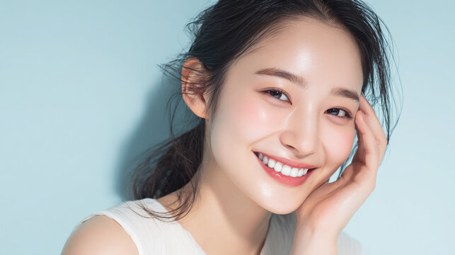 笑顔できらめく綺麗な肌と白い歯を見せる日本人女性美人モデルの接写写真。オーラルケア、スキンケア、コスメ広告用。