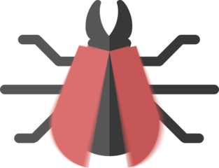 Minimalist graphic depicts stag beetle with prominent mandibles, striking red elytra, detailed insect anatomy.