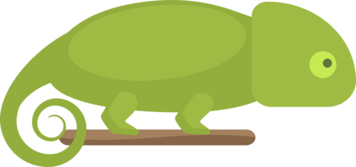 Vibrant green chameleon rests upon brown branch, showcasing unique features, captivating gaze, detailed illustration.