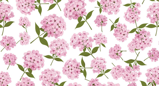 Seamless floral pattern of beautiful pink phlox or hydrangea flowers with green leaves scattered on a white background, perfect for spring textiles.