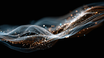 Elegant glowing particle streams evoke a sense of movement and technological advancement against a dark background, creating a dynamic design.