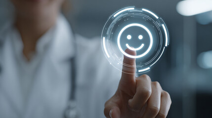 Doctor interacting with a virtual happy face. The doctor uses new technology for medical services and patient care, focusing on a positive outcome.