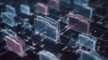 Digital file folders represented as a futuristic interface on a dark background, showcasing abstract technology and data organization.