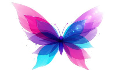 A vibrant translucent butterfly with colorful wings against a dark isolated background