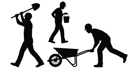 Construction workers silhouettes with shovel bucket and wheelbarrow vector illustration © rayhan039